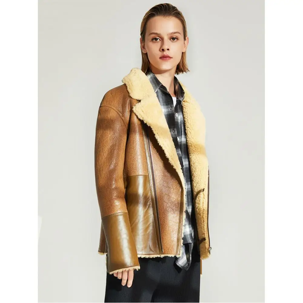 Denny&Dora Womens Bomber Brown Shearling Jacket-in Real Fur from Women ...