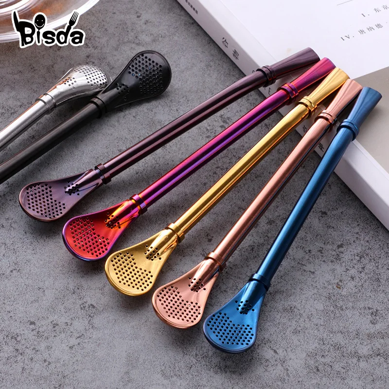 

2 Pcs Filter Straw Spoon Eco-Friendly Stainless Steel Drinking Straws Tea Strainer Cocktail Shaker Coffee Bar Filtered Spoons