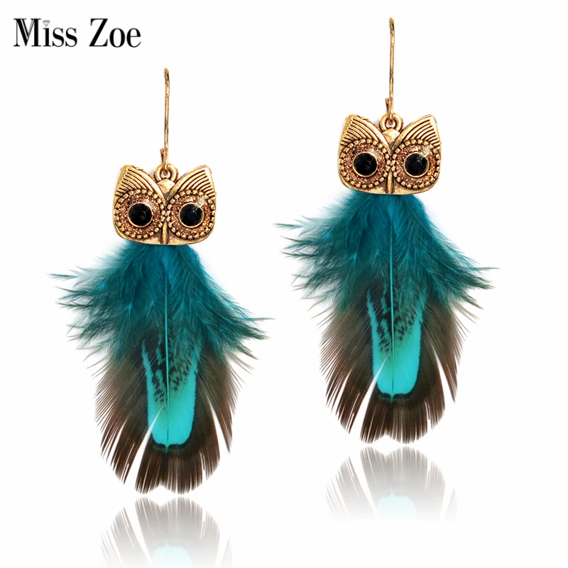 

Miss Zoe Night Owl Green Brown Feather Drop Earrings Bohemian Animal Danglers Ethnic Charm BOHO Ear Jewelry Gift for Women