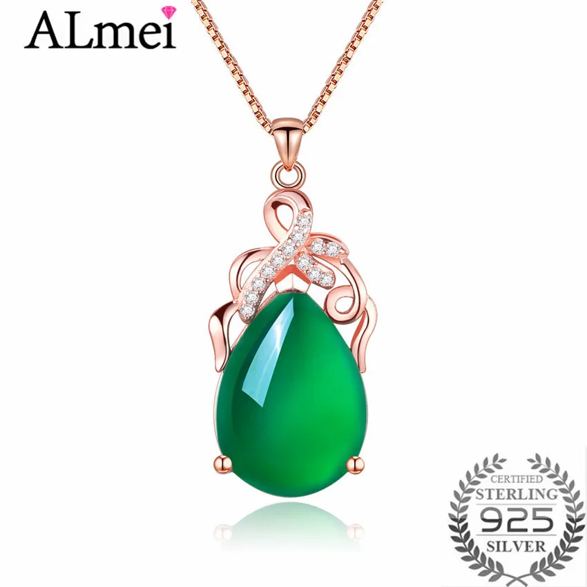 Almei 8ct халцедон кристалл капли воды серебро 925 пробы кулон ожерелье розовое золото