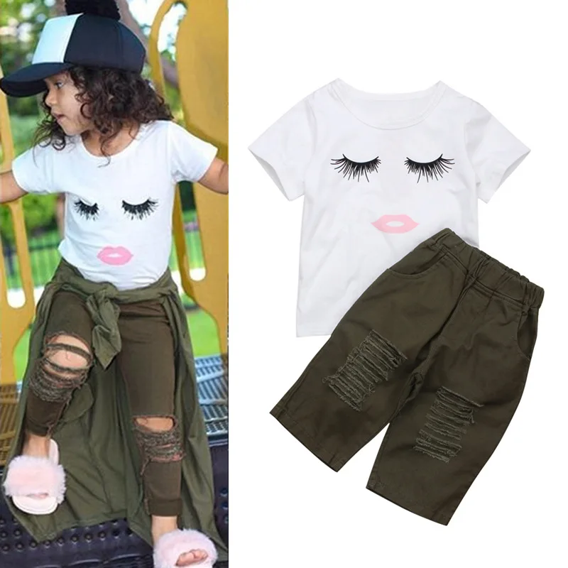 

Summer Girls Set Children Clothing Sets Smile Print Short Sleeve T shirt + Pants 2PCS Kids Clothes