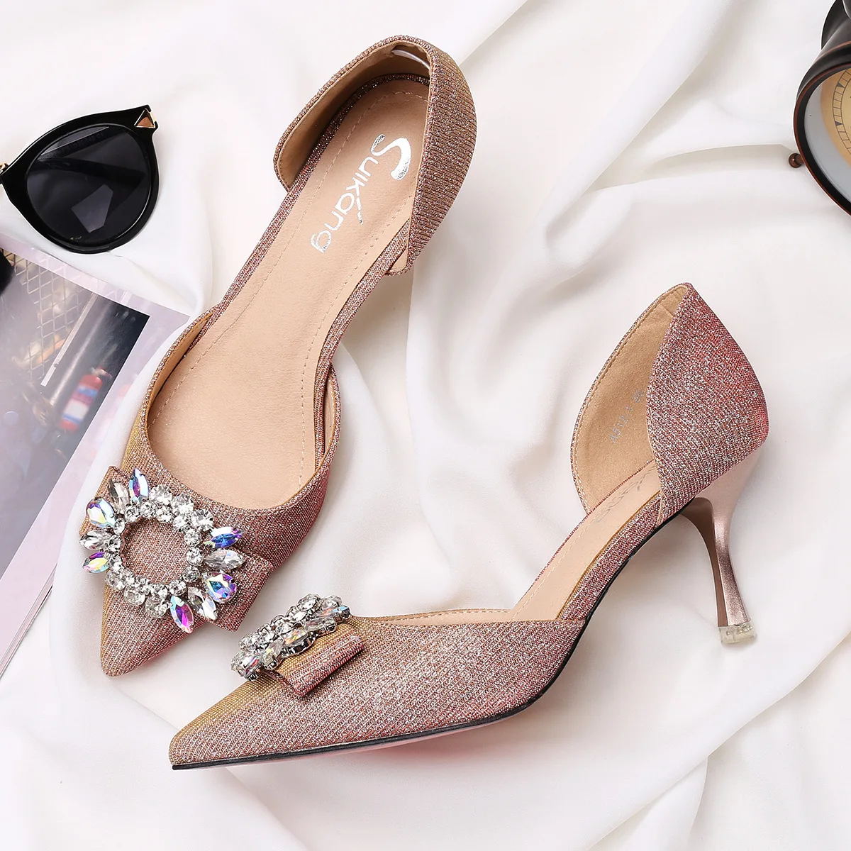 

Sweet Brand Woman Pumps Spring/Autumn Basic Sequined Cloth Slip-On Pointed Toe Thin Heels Fashion Shallow Leisure A865A