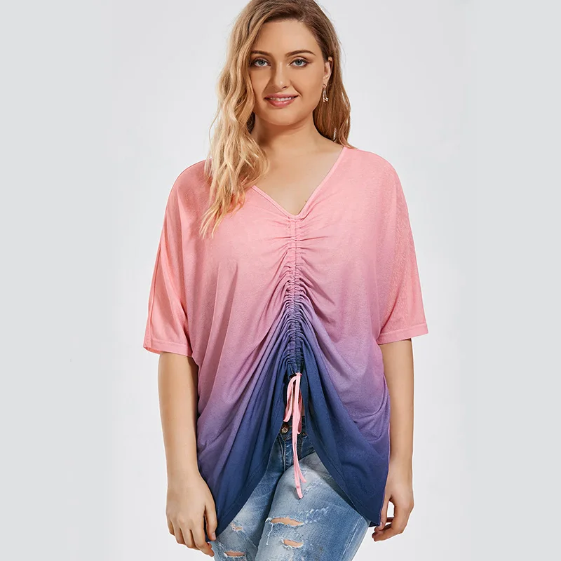 WLLW Women Plus Size Shirt Top Half Sleeve V Neck Gradient Color Loose Lace Up Front Casual Tops Tee | Женская одежда