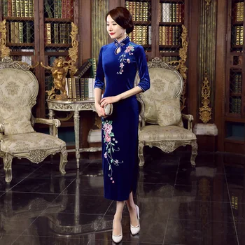 

Chinese Women's Velour Handmade Coil Clasper Mandarin Collar Embroider Flower Long Cheong-sam Dress S M L XL XXL 3XL 4XLT0019
