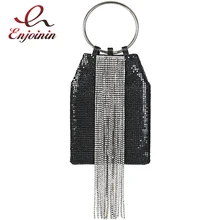 Модная роскошная женская вечерняя сумочка из искусственной кожи черного и серебристого цвета с кисточками и стразами