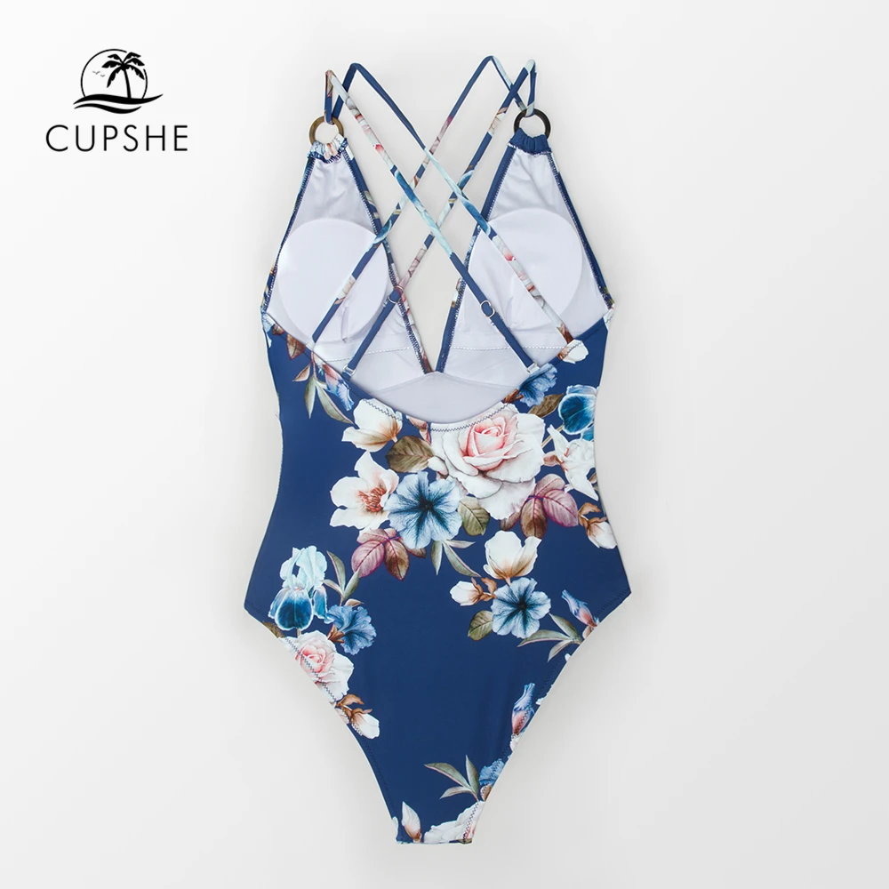 Online CUPSHE Blau Floral Strappy Einteiliges Badeanzug Frauen Sexy Kreuzmuster Monokini Bademode 2020 Mädchen Strand Badeanzüge