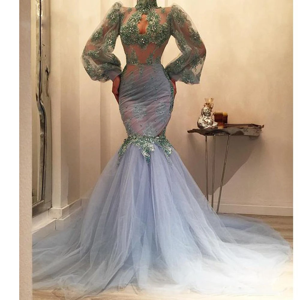 Mermaid Prom Dresses 2019 High Neck Lace Appliques Long Sleeve Beading Pearls Puffy Floor Length Evening Dresses Gowns 149