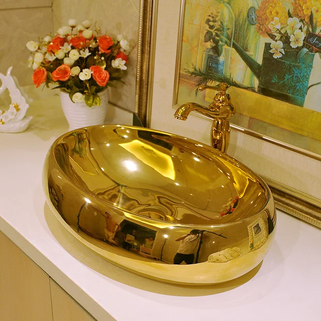 Gold Oval Shape Europe Vintage Style Art Wash Basin Ceramic Counter Gold Oval Shape Europe Vintage Style Art Wash Basin Ceramic Counter Top Bathroom Sinks