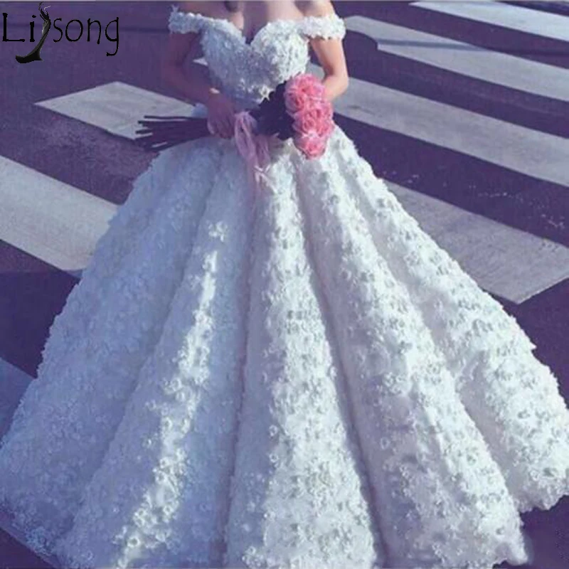 

Luxury Arabic Dubai Ball Gown Wedding Dress Off the Shoulder Sweetheart 3D Floral Appliqued Puffy Fairy Bridal Gowns Lace Up