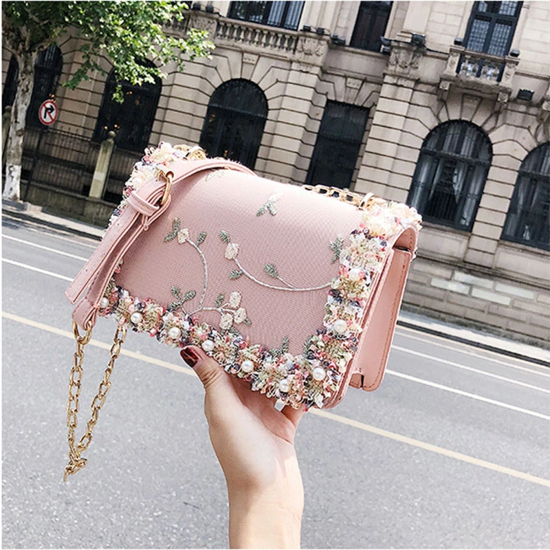 Flor de encaje de moda bolso de mujer 2018 bolso nuevo de la aleta de muchacha dulce flor perla bolsos cruzados cadenas bandolera de hombro|Bolsos bandolera| - AliExpress