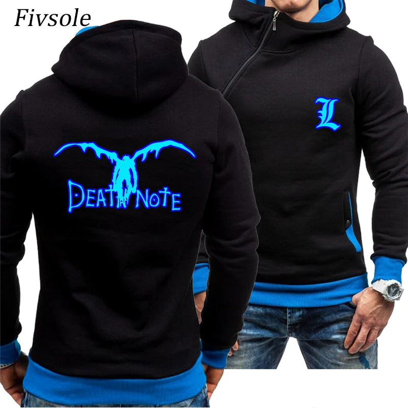 

Fivsole Anime Death Note Blue Luminous Glowing Hoodies Men Diagonal zip up Jackets Man Casual Sportswear Spring Fall Cardigan