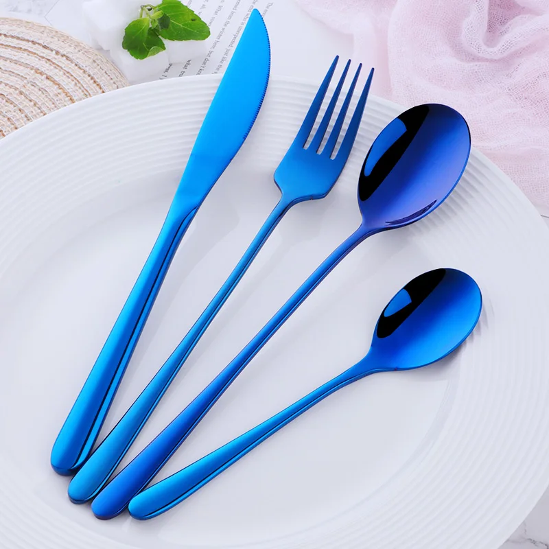 Горячая 4 шт./компл. набор посуды из нержавеющей стали столовые приборы с длинной ручкой нож ложка Вилка соленая ложка корейский стиль 8 цветов посуда - Цвет: Blue