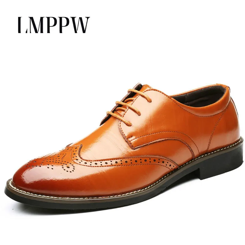 

Luxury Brand Men Oxford Shoes Fashion Pointed Lace Up Brogue Derby Shoes Business Formal Dress Shoes Black Brown Leather Oxfords