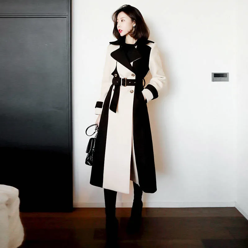 

2019 New Autumn Winter Women England Style Loose Patchwork Long Wool Blend Coat With Belt Female Elegant Warm Woolen Jacket R70