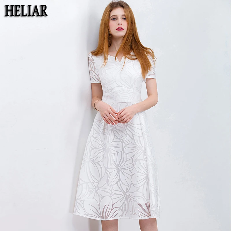 

HELIAR Organza White Dresses for Summer Short Sleeve Elegant Floral Ladies High Waist Party Dresses Hollow Out New Design