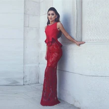 Saudi Arabisch Red Spitze Meerjungfrau Abendkleider Schößchen Sheer Lange Abschlussball-kleider Sheer Nigeria Robe De Soiree Formale Party Kleid