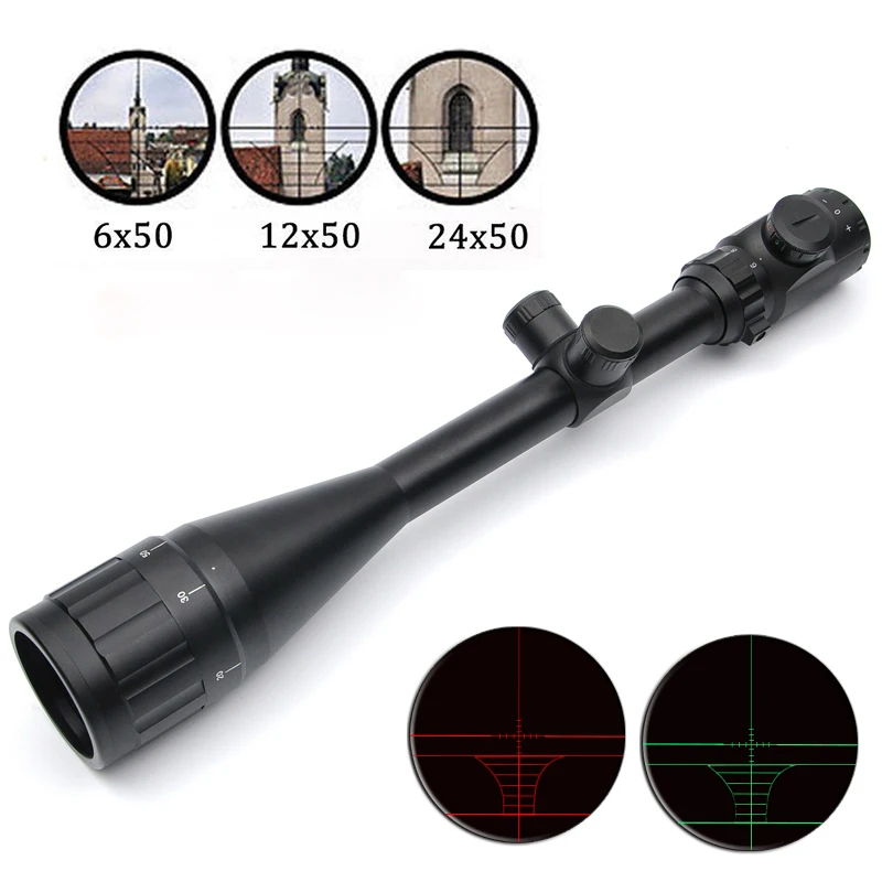 

BU 6-24X50 AOE Riflescope Adjustable Green Red Dot Hunting Light Tactical Scope Reticle Optical Sight Scope