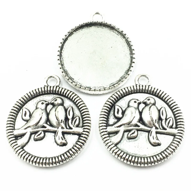 

10Pcs Silver Tone Necklace Pendant Setting Cameo Base Birds In The Tree Metal Tray Bezel Blank Fit 25mm Cabochon Jewelry 32mm