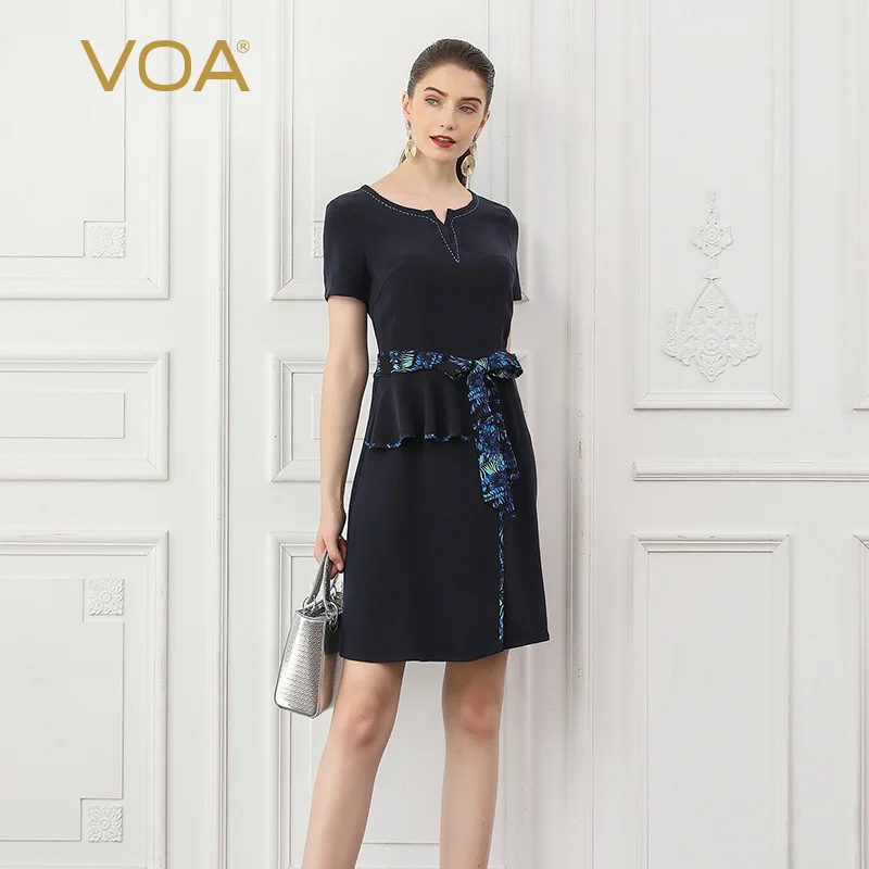 

VOA Heavy Silk A Line Dresses Office Work Women Midi Dress Navy Blue Summer Short Sleeve Belt Bow Ruffles Slim Clothes A787