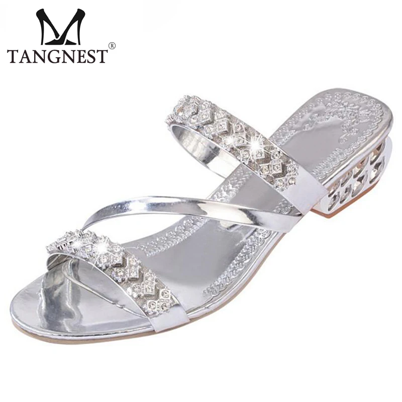 

Tangnest New Gold & Silver Slides Women Low Heels Sandals Rhinestone Decoration Pumps Fashion Slippers Shoes Woman Mules XWZ4624