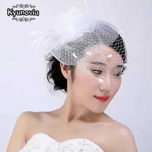 Kyunovia Bridal Net Feather Hats White Hat Veil Bridal Flower Feathers Fascinator Bride Face Veils Wedding Bride Hats