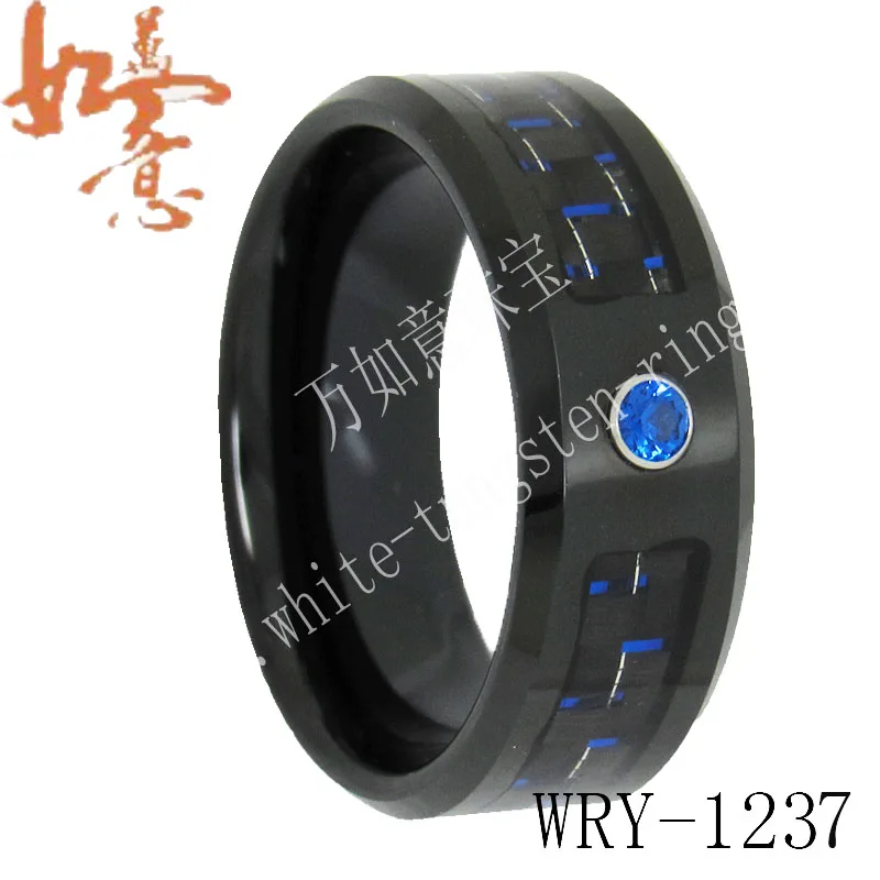 

Wholesale Custom Black and Blue Carbon Fiber Inlaid Black Tungsten Carbide CZ Ring 8mm Superman Engraved fashion Mens Ring