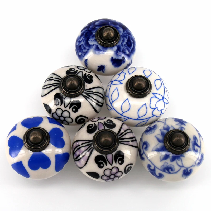 

Set of 6 Pieces Handpainted Ceramic Cabinet Knobs Furniture Drawer Pull with Bronze Hardware