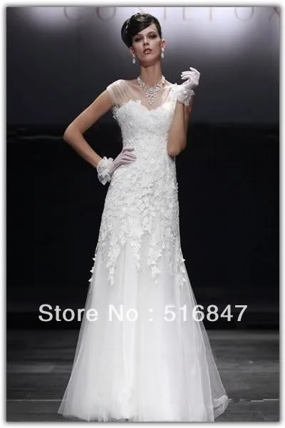 Free Shipping New Elegant White/Ivory Long Cap Sleeve Tulle Applique Wedding Dresses Bridal Gown Custom Size 4 6 8 10 12 14 16++ |