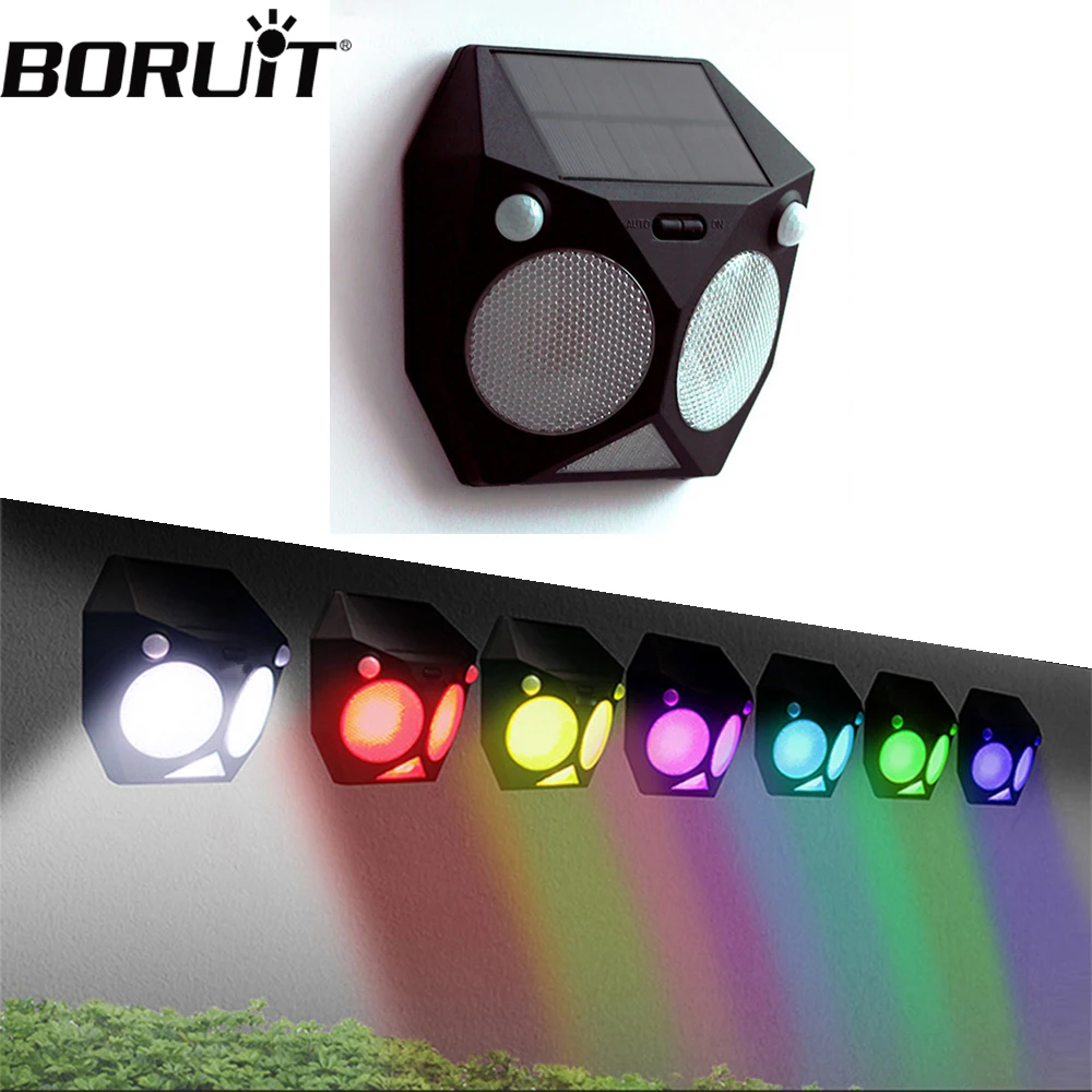 

BORUiT Colorful LED Solar Light Motion Sensor Wall Lamp IP65 Waterproof Outdoor Spotlights RGB Wireless Sunlight Path Light