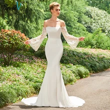 Dressv Off The Shoulder Mermaid Long Wedding Dress Long Sleeves Lace Chapel Train Church Princess Wedding