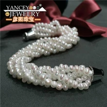 Дизайн 4-5 мм натуральный белый пресноводный жемчужный браслет ювелирное изделие, многоручные ювелирные изделия из стерлингового серебра магнит застежка