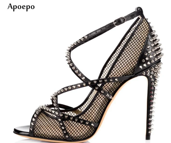 

Apopeo Newest Sexy Peep Toe High Heel Sandal 2018 Summer Cutouts Mesh Sandal for Woman Rivets Studded Cross-strap Sandal