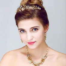 SLBRIDAL ручной работы Золото стразы кристалл жемчуг цветок листьев Свадебные украшения набор люкс Цепочки и ожерелья серьги набор с тиарой подружек невесты