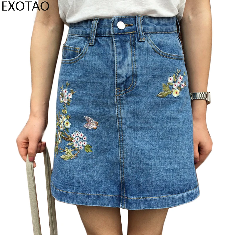 EXOTAO High Waist Floral Embroidered Denim Skirt For Women Summer 2017