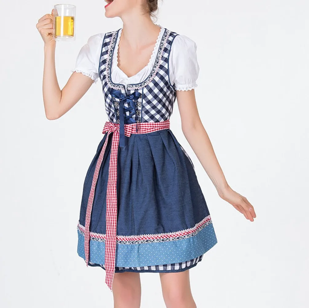 

Women Bandage Apron Bavarian Oktoberfest Costumes Barmaid Dirndl plaid Dress Women's Fashion Short Sleeve Dresses