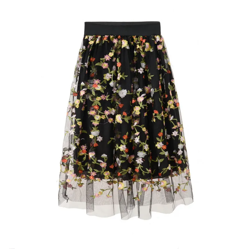 

SKIRTS 2017 spring and summer new flowers embroidery net yarn pleated skirt elastic waist wild long skirt