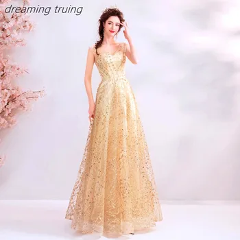 

Sparkling Women Evening Dresses With Gold Sequined Long Off Shoulder V-Neck Ladies Wedding Party Gown Robe De Soiree 2019
