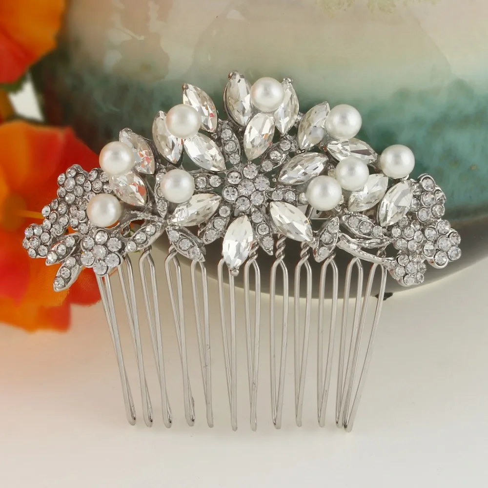 

Bella Fashion Flower Bridal Hair Comb Headpiece Austrian Crystal Simulated Pearl Wedding Comb For Bridesmaid Party Jewelry Gift