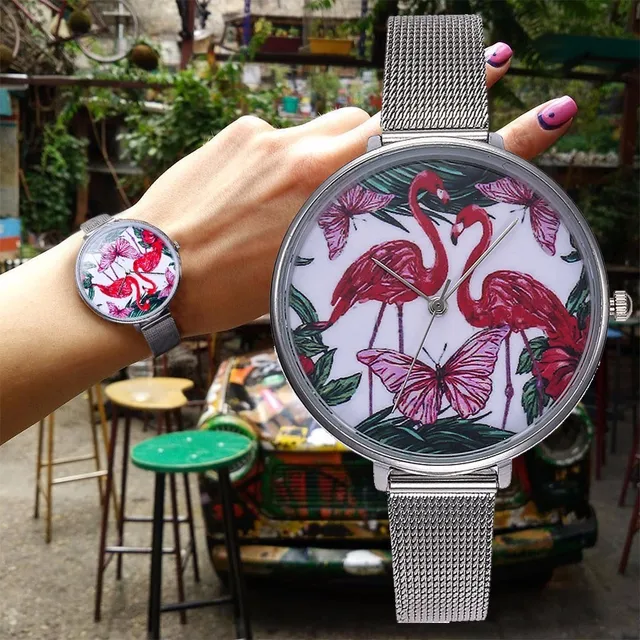 Dropshipping Women Silver Mesh Flamingo Watch Luxury Fashion Stainless Steel Qua Dropshipping Women Silver Mesh Flamingo Watch Luxury Fashion Stainless Steel Qua