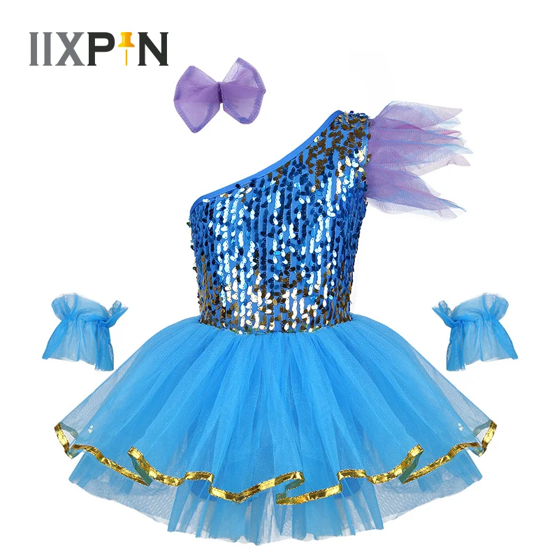 

Kids Girls Jazz Dance Costume One-Shoulder Sparkly Sequins Mesh Dress with Hairclip Wristband Bottoms Modern Contemporary Dance
