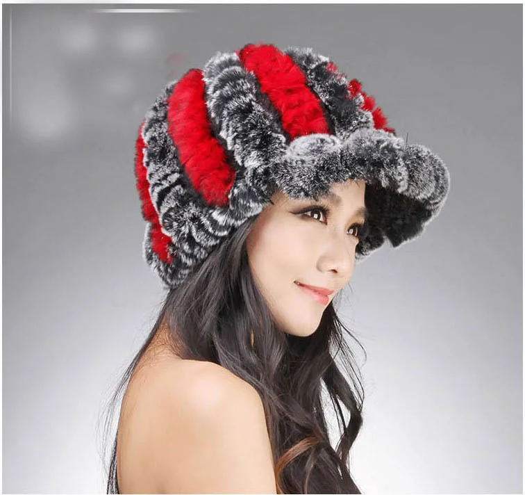 Новая вязаная шапка из натурального кроличьего меха шапка из меха кролика рекс головные уборы Модные женские бейсбольные щитки - Цвет: gray and red
