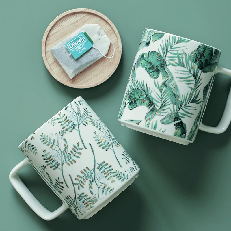 Nordic INS style small fresh green plants beige mug large capacity ceramic breakfast cup office couple coffee mugs with lid gift