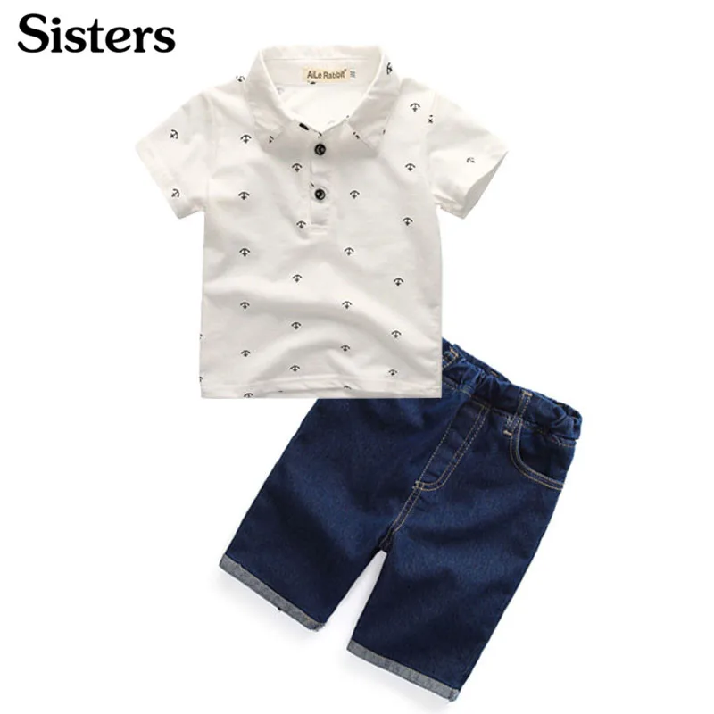 2018 Summer New Children clothing Boy Sets Anchor Gentleman short-sleeved shirt + Denim shorts 2 pcs sets for 2-7 Yrs kids | Детская