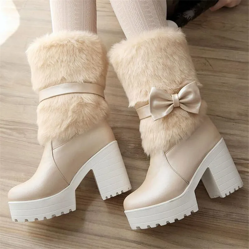 

Promotion Thick bottom Cashmere Maomo Middle tube girl Pink Sleeve Sweet Bow High-heeled Women Boots plus size 34-42