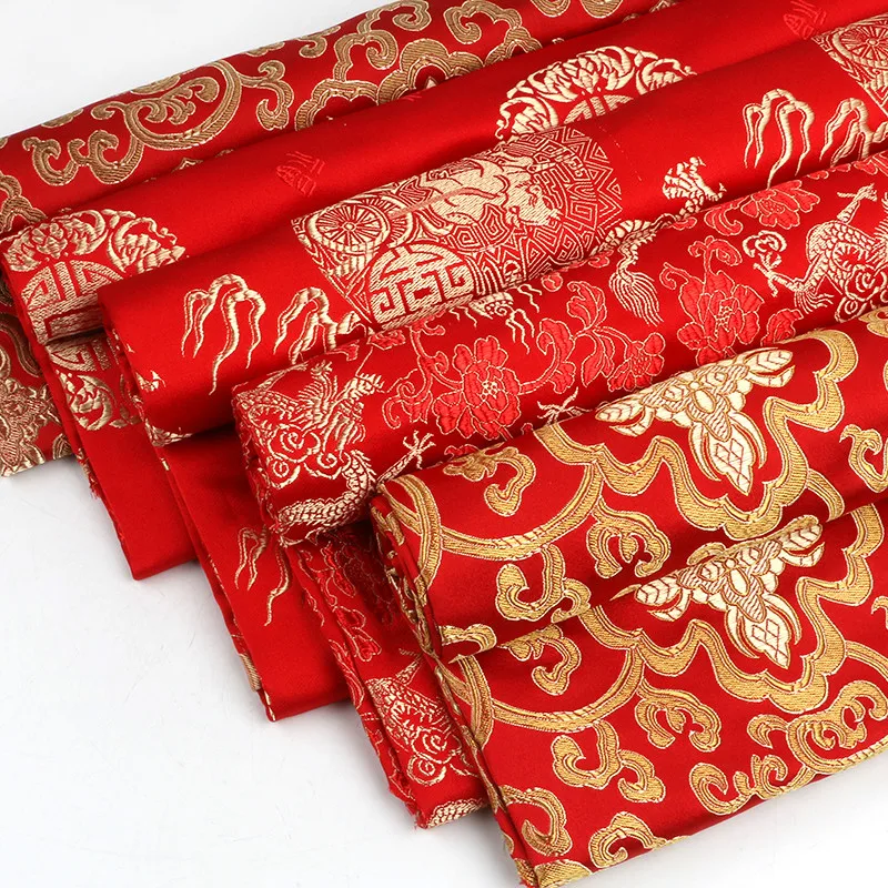 Width 150cm Chinese Red Tang Suit Cheongsam Sheet Cloth Silk Like Damask Jacquard Brocade Metallic Fabric