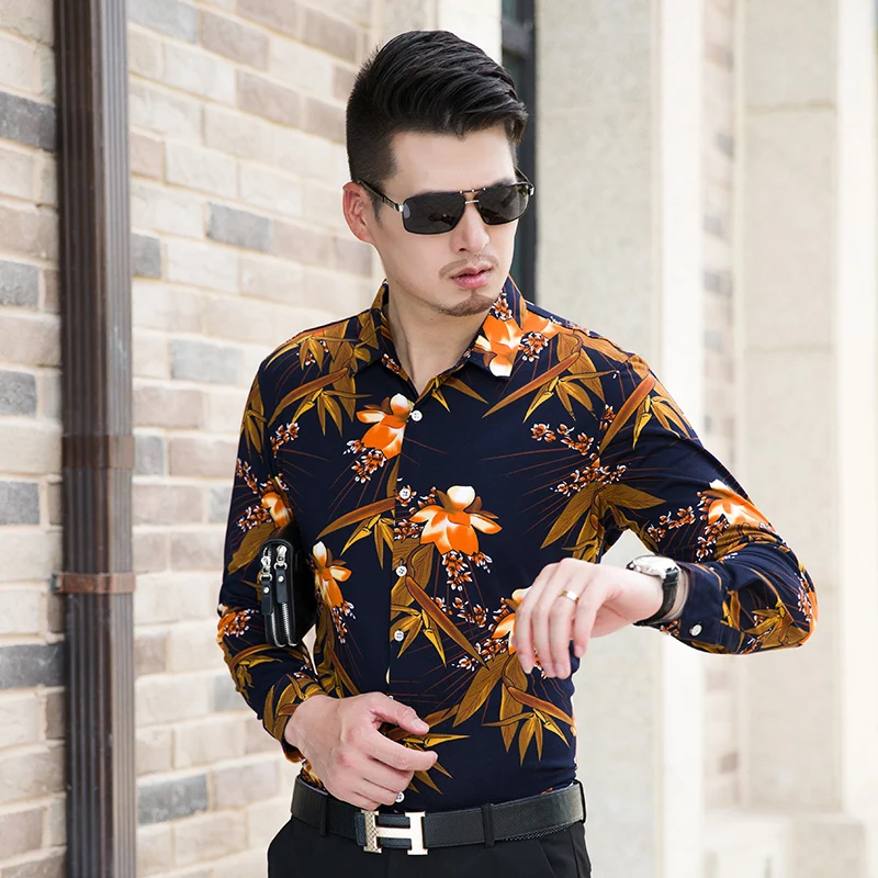 New winter mens floral thick dress shirt casual long sleeve velvet warm