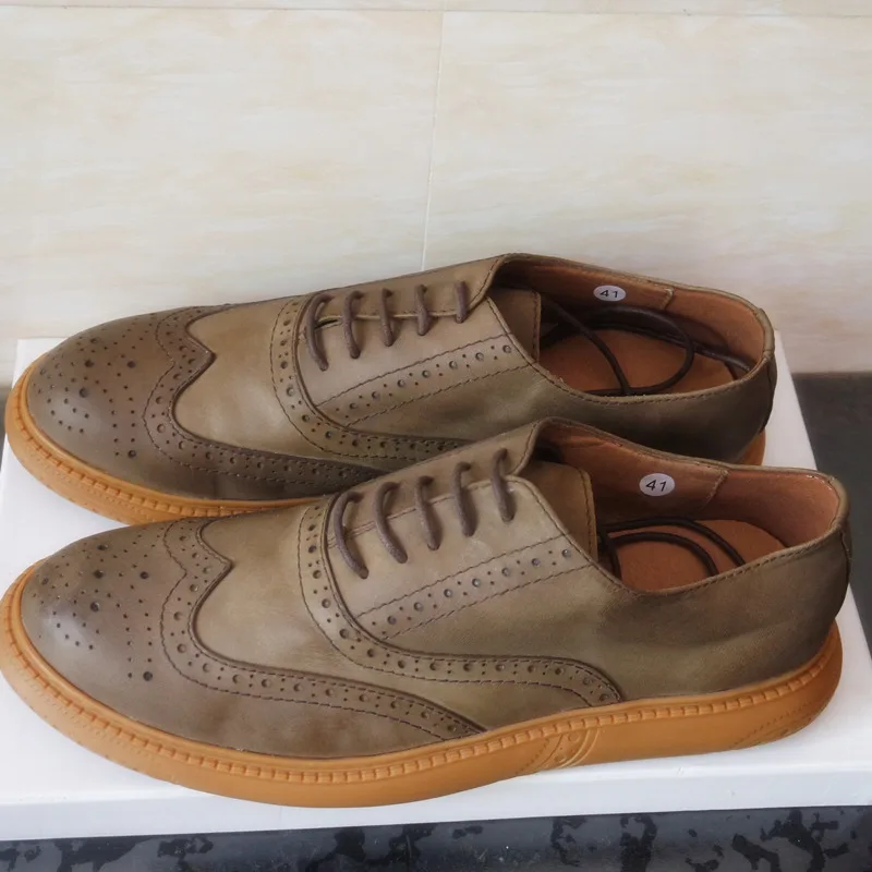 Clearance Sale !Size 8 Mens Retro Brogue Shoes Genuine Leather Round Toe Lace Up Craved Oxfords Chukkas Men Shoes