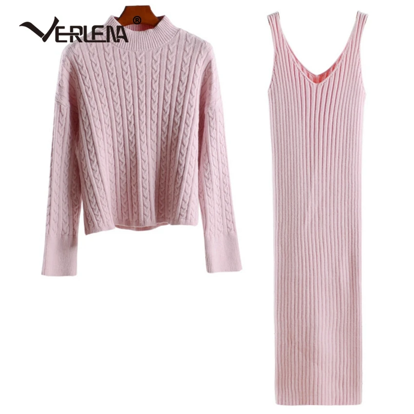 

Knitted Jumper Pullover with Mid Rib Bodycon Dress Knitted 2 Pieces Women Set Long Sleeve Crew Neck Cable Sweater VERLENA 2019