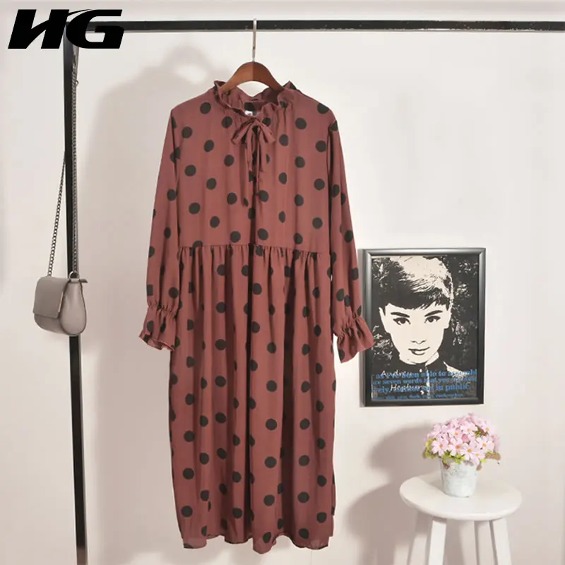 

[HG] 2019 Spring New Women Korea Fashion Stand Collar Full Sleeve Loose Dress Female Dot Bow Mid-calf Causal Dress WBB2230