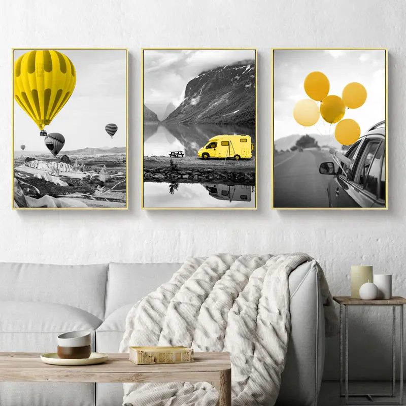 Черно-белая пейзажная картина домашний декор Скандинавская Картина на холсте желтый воздушный шар Печать Гостиная Спальня Настенная художественная живопись
